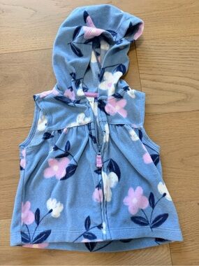 Carter's Light Blue Floral Hooded Fleece Vest with Pink Accents
